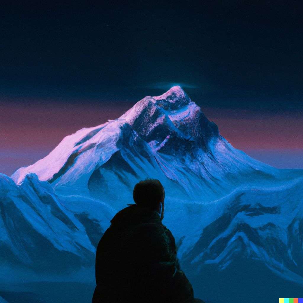 someone gazing at Mount Everest, digital art, glowing